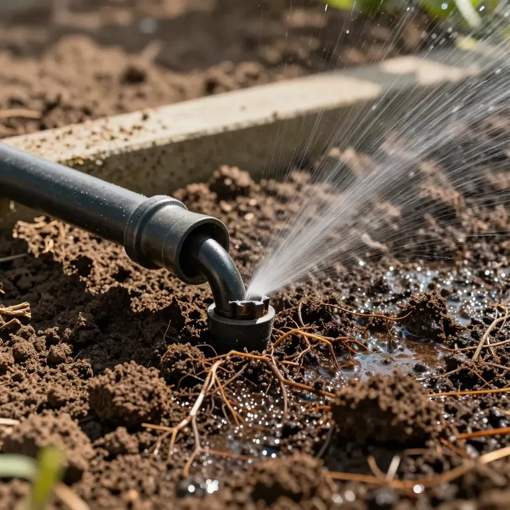 Impianto di irrigazione con gocciolatori e suolo bagnato in un giardino curato