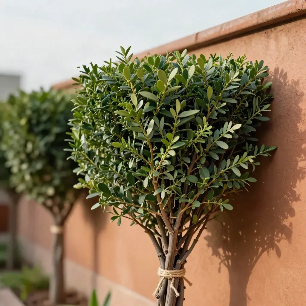 Siepi potate con rami legati accanto a un muro di terracotta, luce calda e ordine naturale.