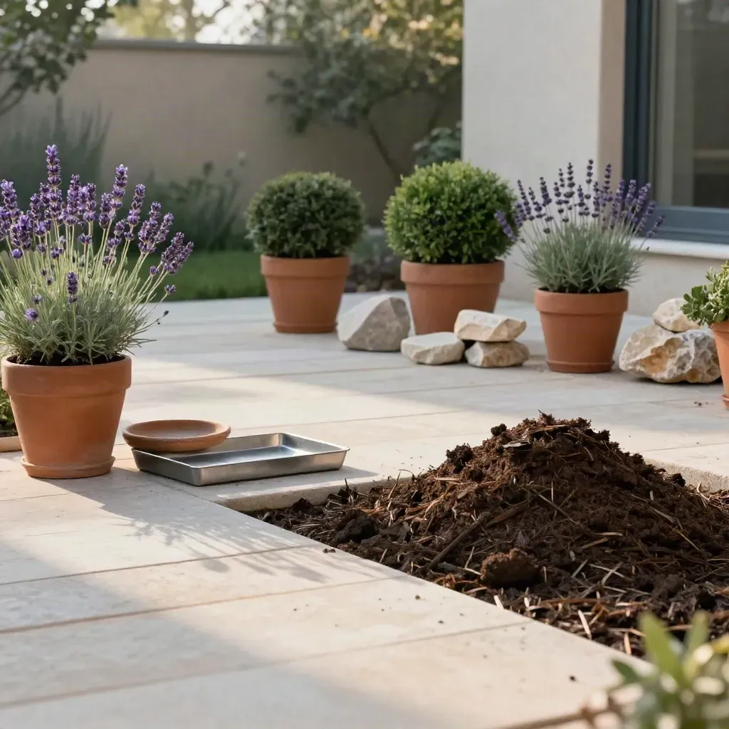 Layout di giardino in cortile con lavanda, arbusti potati, campioni di pietra e pacciamatura.
