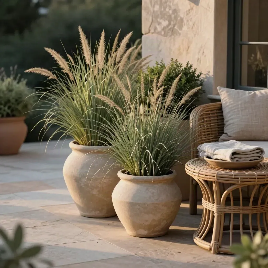 Terrazzo serale con vasi smaltati, graminacee, tavolino intrecciato e cuscino in lino