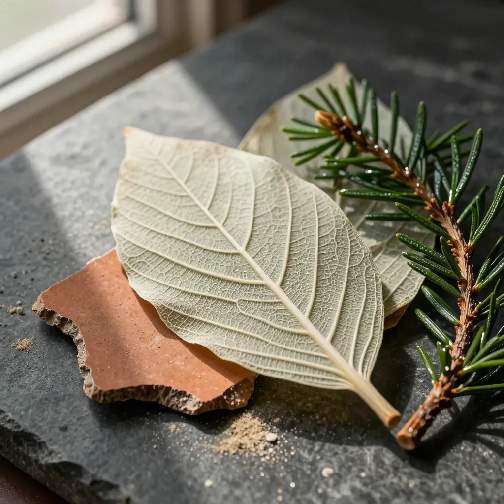 Foglie pressate, coccio in terracotta e rametto di sempreverde su piano di pietra scura.