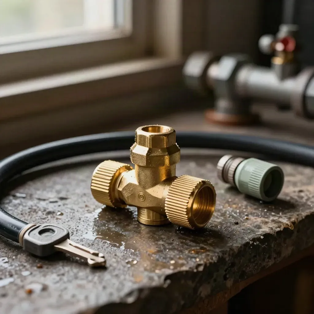 Regolatore in ottone e accessori per irrigazione su banco di pietra scura, luce drammatica.