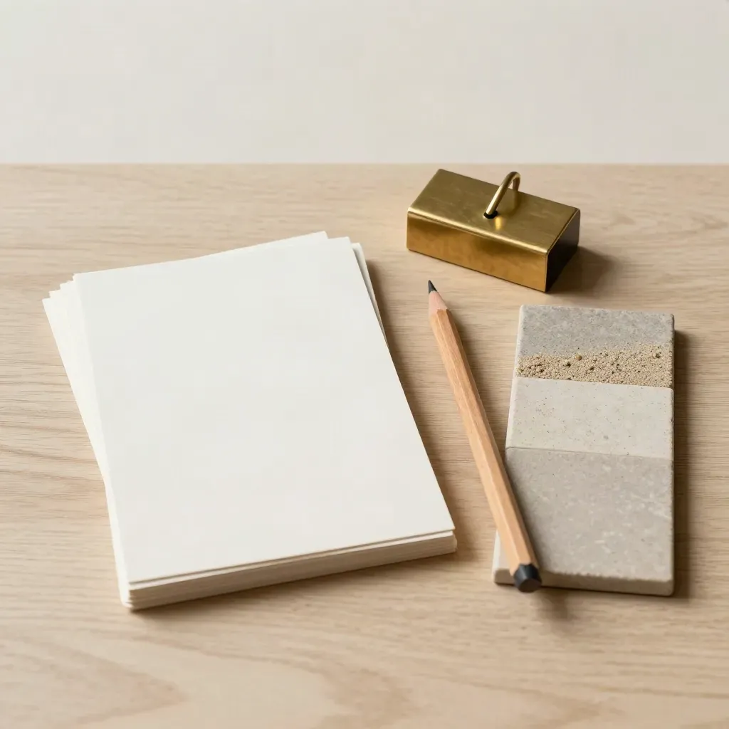 Carte, fermacarte in ottone, mozzicone di matita e campioni materiali su legno chiaro.