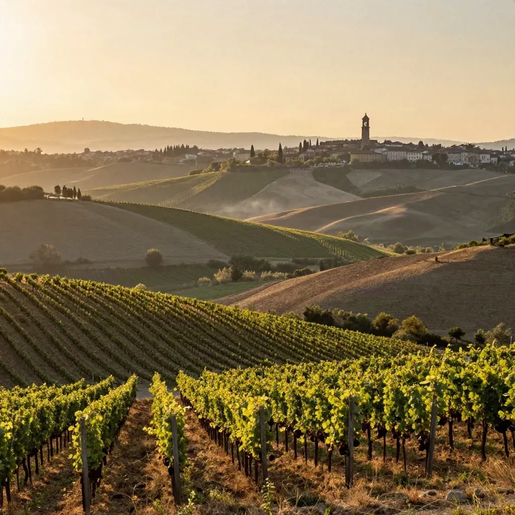 Colline delle Langhe al tramonto con skyline di Torino e campanile lontano.
