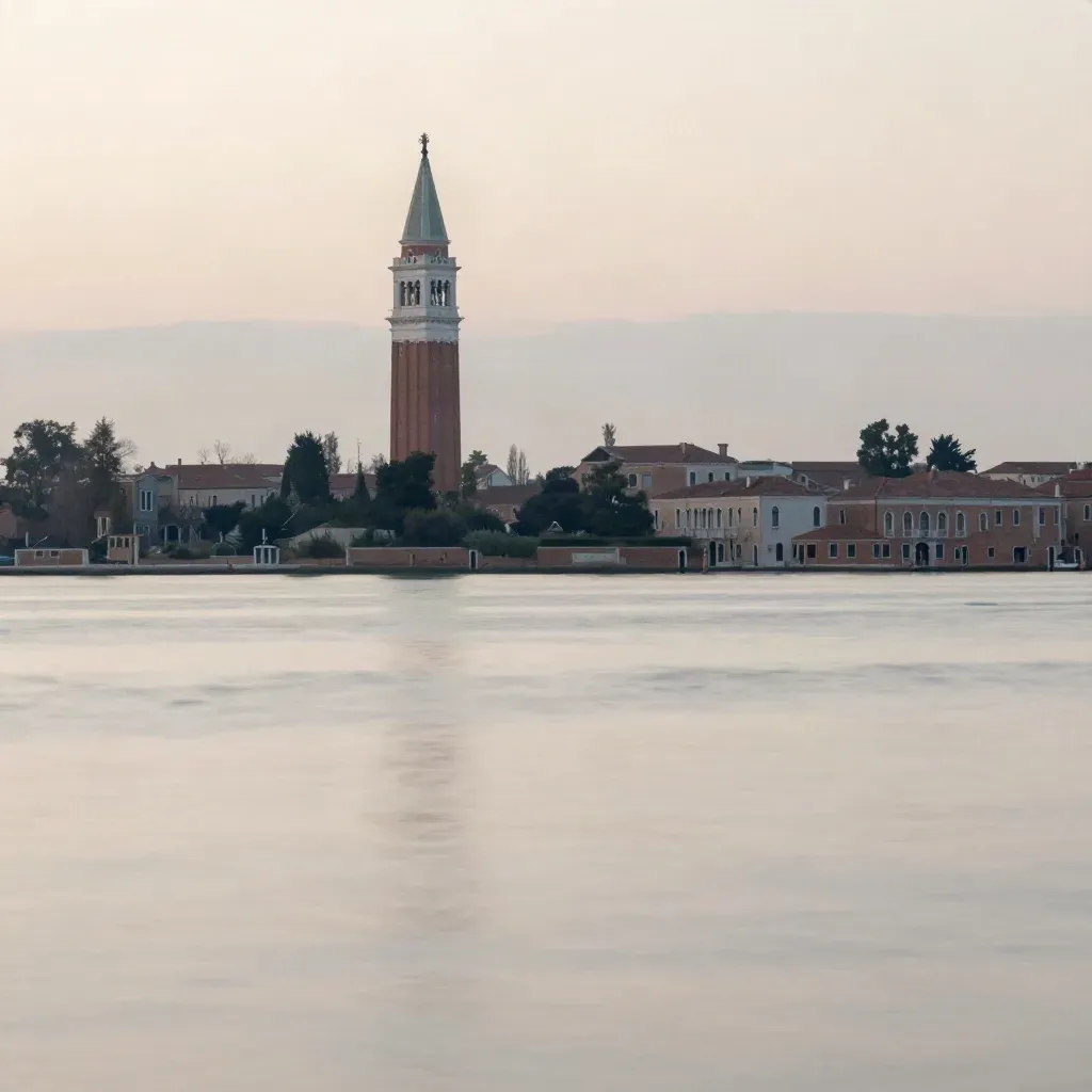 Laguna veneta all’alba con campanile alto e acqua calma nella nebbia